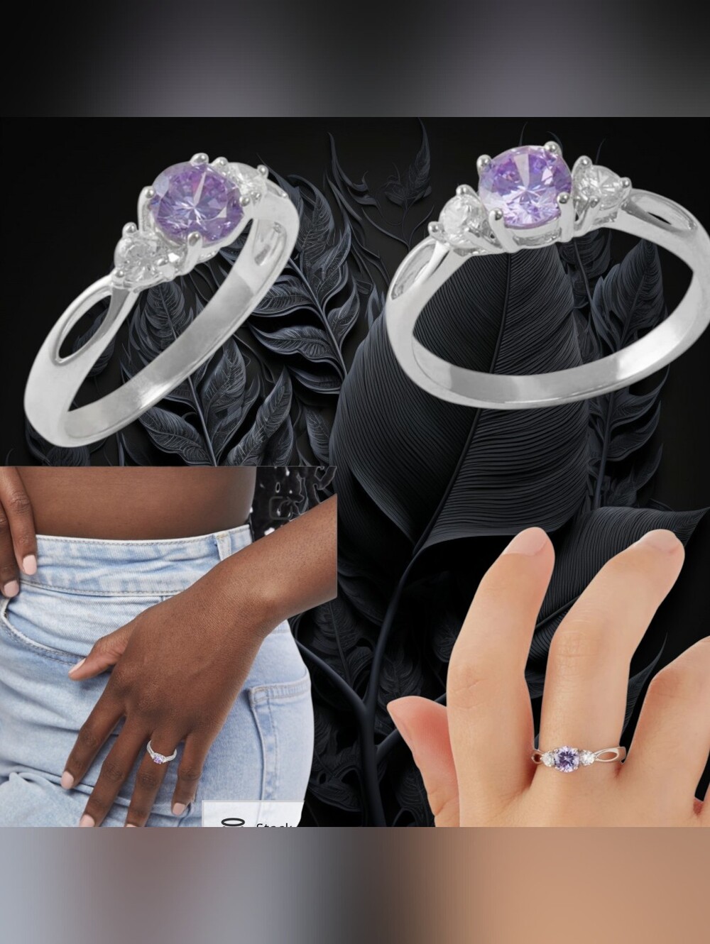 925 Silver Ring with Purple Center Stone and Clear Side Stones